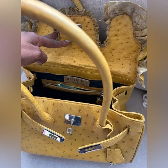 Butterfly Beverly Hills Elegant Mustard Yellow Ostrich Handbag - Picture 4 of 8